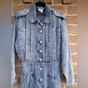 Vintage 1980s Denim Batwing Acid Wash Jumper With Pearl-like Bead Embellishment